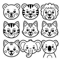 Cute Animal Faces Coloring Page – Jungle and Zoo Animal Vector Illustration for Kids and Toddlers