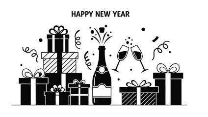 A festive collection of wrapped gifts and a bottle of champagne with clinking glasses celebrate the New Year.