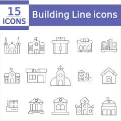 Building and architecture line icons collection. Bank, temple, office, factory, shop, hotel, hospital icons.