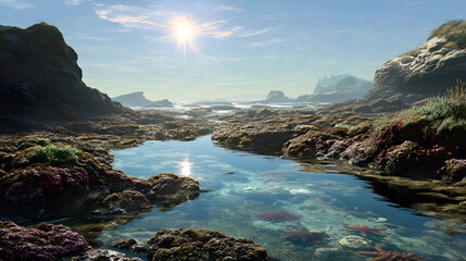 Coastal Seascape Rocky Shoreline Tide Pools Starfish Clear Water Sunlit Sky Scenery Rocks Sea Coast Calm Tranquil Ocean View Marine Landscape Nature Reserve with Colorful Seaweed