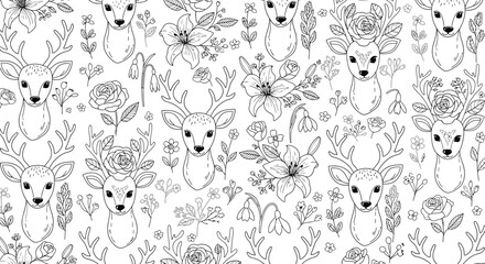 A charming hand-drawn pattern featuring deer heads adorned with flowers and delicate foliage.