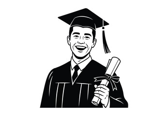 A smiling graduate in a cap and gown holds a diploma, celebrating achievement and success.