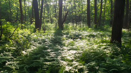 Forest Ferns in Sunlight - Beautiful green ferns cover the forest floor with dappled sunlight filtering through tall trees, a serene landscape for nature lovers and peaceful outdoor scenery