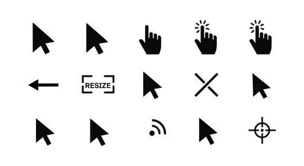 A collection of diverse computer cursor icons used for navigation and interaction on a digital screen.