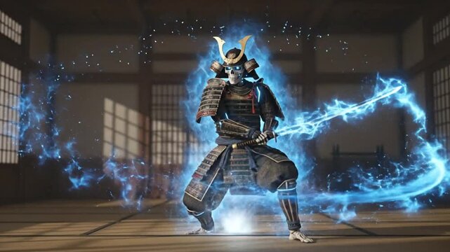 A samurai warrior in a traditional Japanese setting, surrounded by an ethereal energy field. The warrior is in a fighting stance