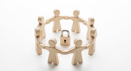 Wooden figures form a circle around a small padlock on white.