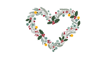 Fototapeta premium A festive heart-shaped wreath composed of winter greenery and berries, perfect for holiday greetings and seasonal celebrations on a white background.