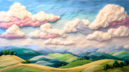 Landscape Felted Wool Clouds Artwork, handcrafted wool landscape depicting rolling hills with soft wool textures in green, blue, and yellow with fluffy white and pink clouds overhead, a unique