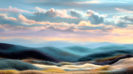 Mountains Serenity Sunset Skies Landscape, a calming vista of rolling hills at dusk, wispy clouds dance across a pastel sky with gentle light casting shadows on undulating terrain, creating a