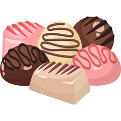 Assortment of Chocolate Candies With Pink White And Dark Chocolate Glazes And Swirls On A Transparent Background