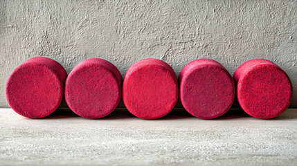 Rich berry toned cylinders lined up beautifully against textured wall art design element for visual appeal or design templates