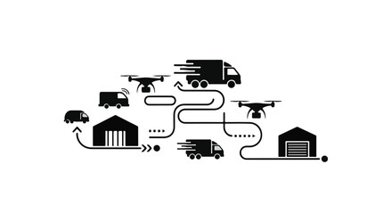 Modern delivery logistics with trucks and drones connecting warehouses and vehicles.