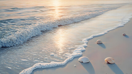 Seashells Beach at Sunset Ocean Wave, idyllic pastel seascape view with shells scattered on the pristine sand, tranquil ocean water gently rolling in, reflecting the warm light of the golden hour sun