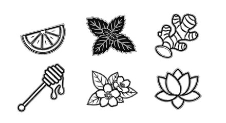 Assorted botanical elements including lemon, honey, and lotus flower  