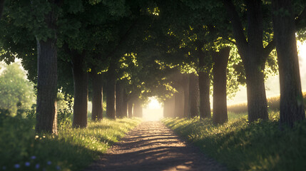 Tree-lined Path Sunlight Glow Natural Tranquility Summer Landscape with warm light shining through green canopy casting shadows along winding earthy trail rural scene nature outdoors serene and