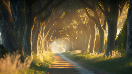 Tree Tunnel Road with Sunlight, a serene path lined with mature trees forming a natural tunnel, bathed in warm sunlight, creating a peaceful and enchanting landscape ideal for travel and nature themes