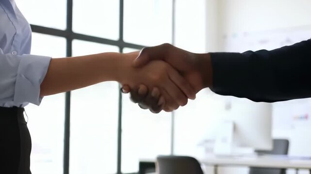 Diverse partners handshaking in a modern office to build trust and professional partnership
