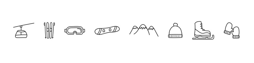 Winter vacation icon set. Winter sport vector set. Collection of black linear icons including ski, snowboard, snowflake, mitten, helmet, scarf, cup, and fireplace. 