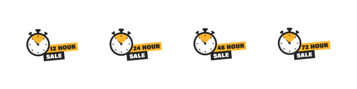 Sale timer icon set. Limited time offer vector set. Collection of stopwatch icons with 12, 24, 48, and 72 hour sale labels. Sale vector illustration for design and print.