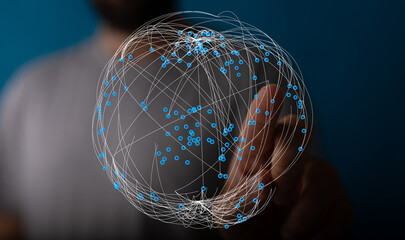 Abstract design with a hand touching a digital network sphere concept. Representing connection, global communication, and technology.