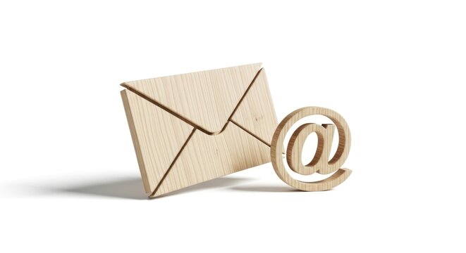 Wooden email envelope and at symbol on white background