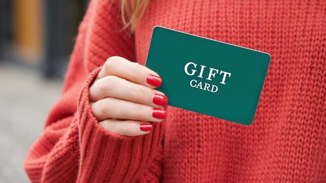close-up of a female hand with red nails holding a green gift card while wearing a cozy red sweater, holiday shopping concept