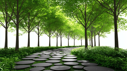 Stunning stone path winds through lush green forest creating a serene and peaceful escape for nature lovers