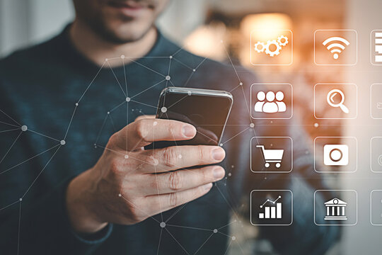 Mobile app development man using smartphone for online shopping banking and social media connection