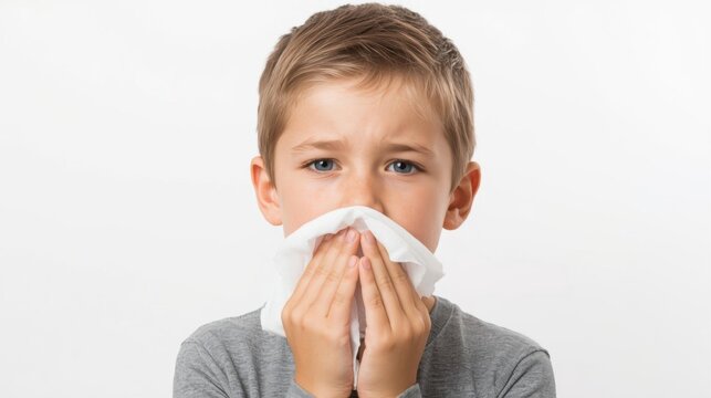 A young boy holds a tissue to his nose, looking concerned, possibly due to a cold or allergy, with a neutral background.