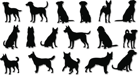 Dog, silhouette, breed, pet, animal, vector, black, white, sitting, standing, walking, posture, tail, shape, design, illustration, domestic, canine, variety, outline.eps