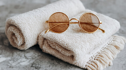 Luxury spa day concept with soft white towels and golden sunglasses for ultimate relaxation and self care