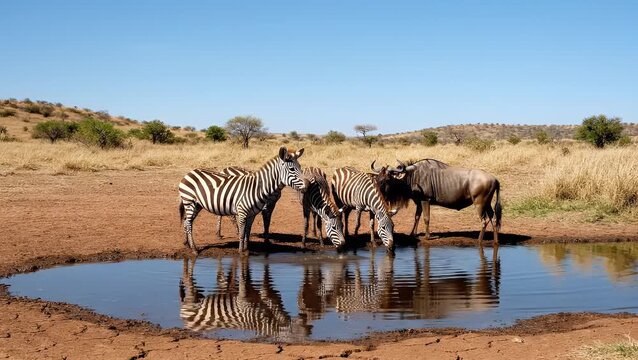 Two zebras and a wildebeest drinking at a waterhole