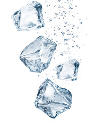 Obraz premium Four clear ice cubes falling in water with air bubbles isolated on transparent background