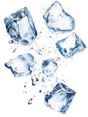 Obraz premium Several clear ice cubes splashing and falling isolated on transparent background