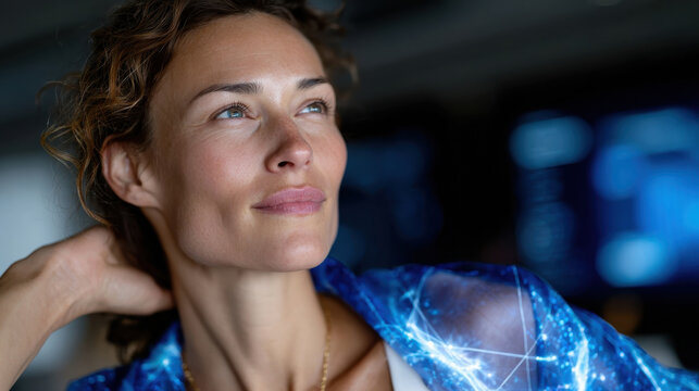 A thoughtful woman gazes into the distance in a futuristic setting enlivened by glowing visuals, embodying an exploration of imagination, innovation, and human potential in modern art.