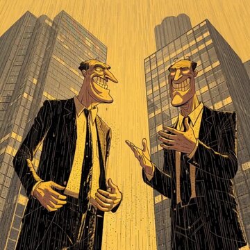 Two Sinister Businessmen Grinning with Unsettling Confidence Preparing a Deal Under the City Rain