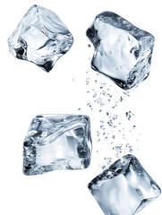 Obraz premium Four clear ice cubes falling and splashing isolated on transparent background
