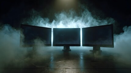 Triple monitor setup with glowing screens enveloped in dark atmospheric smoke creating a futuristic and mysterious technological ambiance