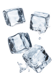 Obraz premium Four clear ice cubes with water droplets isolated on transparent background