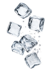 Obraz premium Several clear ice cubes falling and floating isolated on transparent background