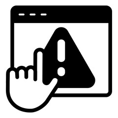 Website with attention triangle and hand solid icon, info tech concept. Vector graphics. Warning page and hand pointer sign on white background, style icon mobile or web design.