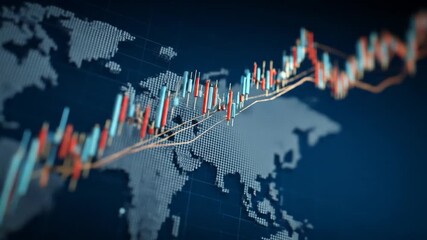 A digital world map displays a stock market candlestick chart over blue background - Powered by Adobe