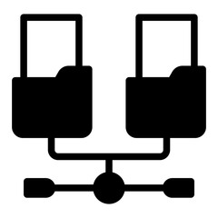 Network folders with documents solid icon, info tech concept. Vector graphics. Two folders and wired network, connection sign on white background, style icon mobile or web design.