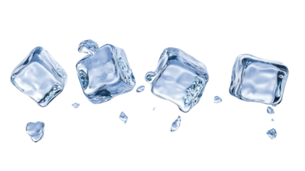 Four ice cubes with small ice shards isolated on transparent background