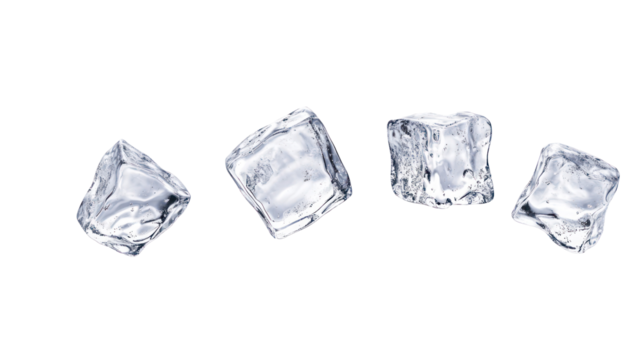 Four irregular ice cubes isolated on transparent background