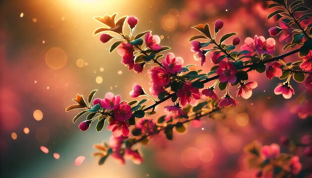 A beautiful branch covered in vibrant pink flowers, captured in soft natural sunlight during sunset