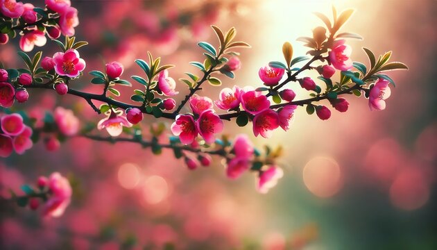 A beautiful branch covered in vibrant pink flowers, captured in soft natural sunlight