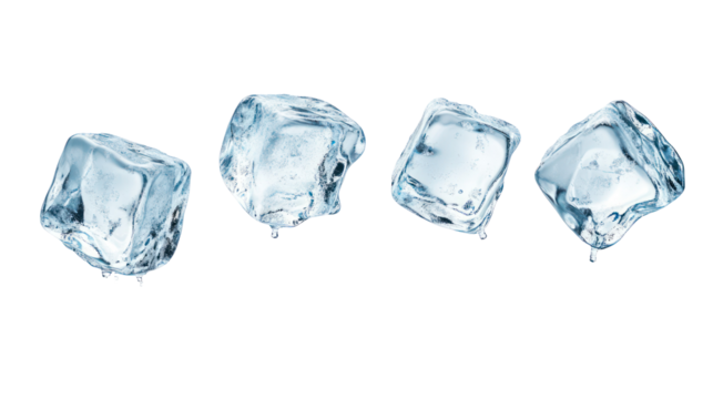 Four irregular ice cubes isolated on transparent background
