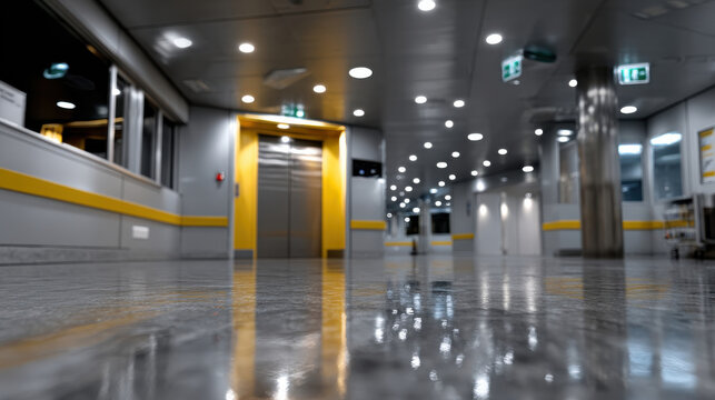 An image capturing a contemporary hospital corridor, featuring bright lights and polished flooring, symbolizes modern healthcare and the dedication to patient care and comfort.