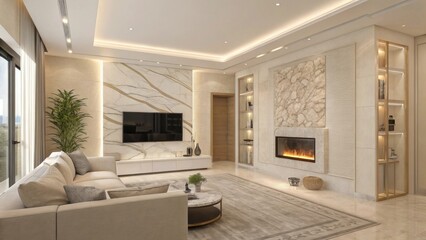 Luxurious modern living room with fireplace and elegant decor